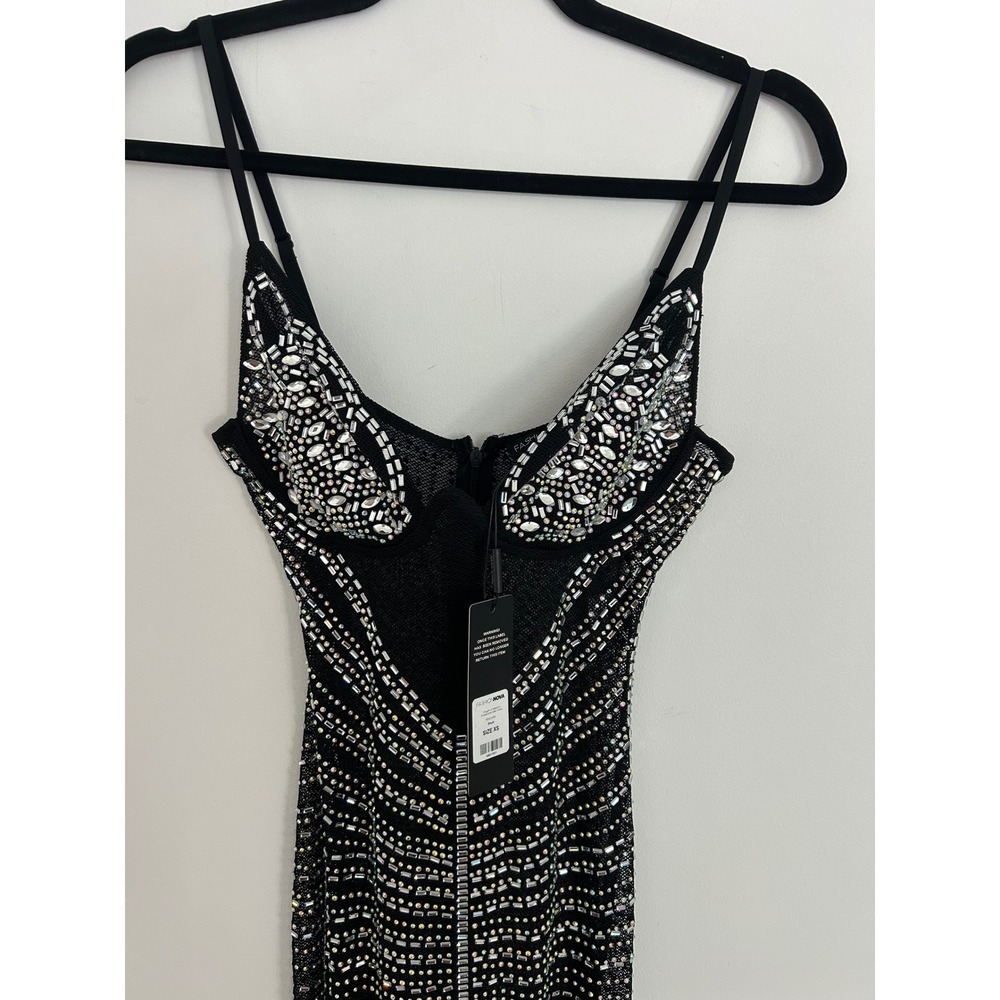 Fashion Nova Caught In Your Reflection NWT Rhinestone Mesh Maxi Dress Black XS